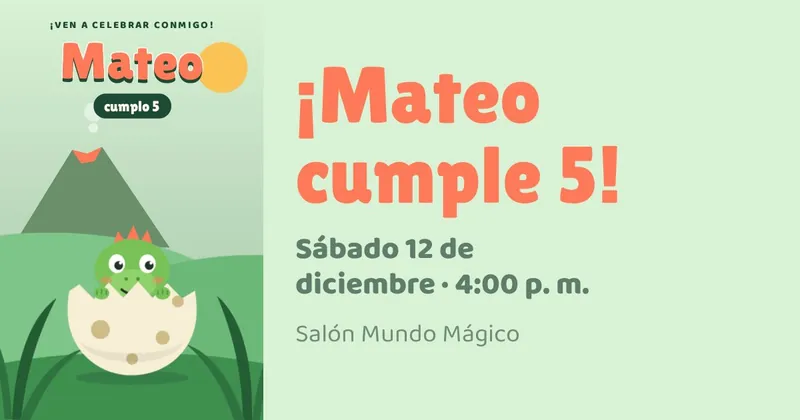 Vista previa en el chat: la portada de dinosaurio y «¡Mateo cumple 5!», sábado 12 de diciembre a las 4:00 p. m., Salón Mundo Mágico