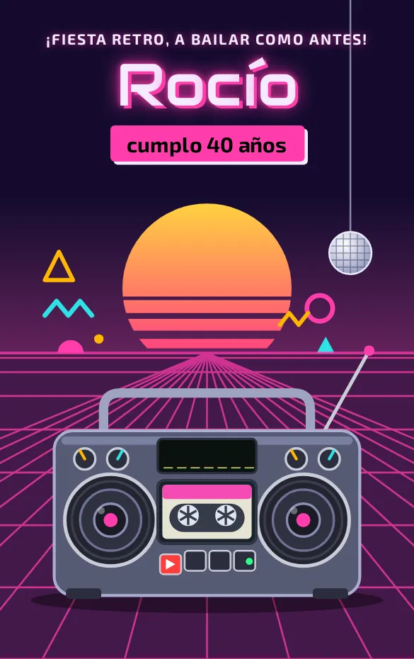 Invitación digital Retro 80s y 90s para cumpleaños adulto